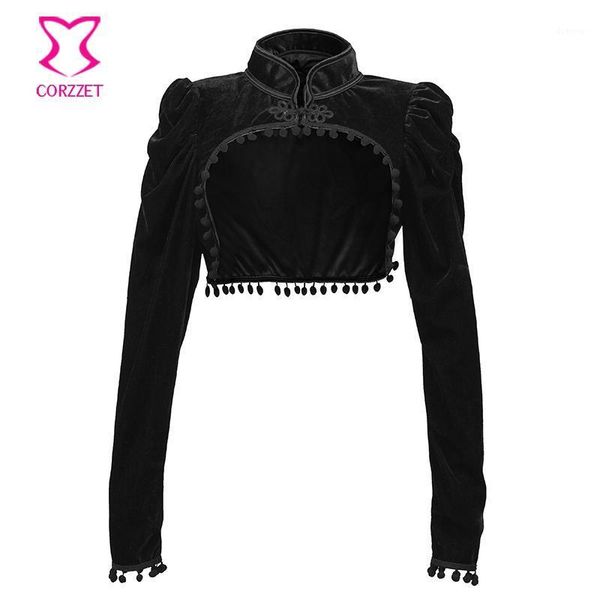 

black flannel tassel stand collar long sleeve extra short steampunk jacket vintage coat women gothic clothing corset accessories1, Black;brown