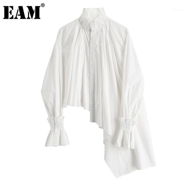 

eam]women white irregular pleated vintage blouse new stand collar long sleeve loose fit shirt fashion spring autumn 2020 1da7381