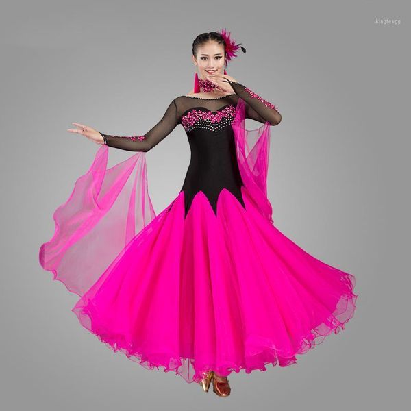

2020 new ballroom competition dance dress women modern tango waltz standard dress long sleeves dance costumes1, Black;red