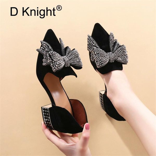 

2020 fashion crystal bow high heels women pumps summer thick heels women shoes sandals cut-outs slip on shoes woman1, Black