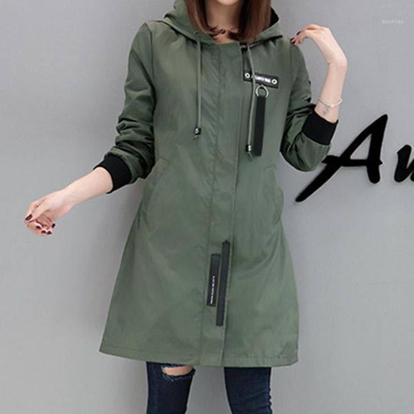 

autumn women trench coat long sleeve casual loose outerwear army green baseball uniform female long hooded windbreaker harajuku1, Tan;black