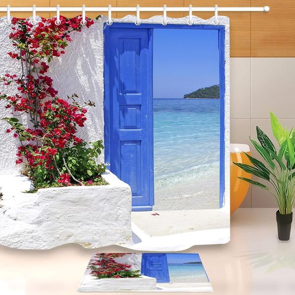 

red flower blue greek door with a sea view on island shower curtain with bathroom mat set waterproof fabric for bathtub decor wmtczw