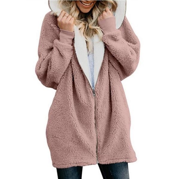 

autumn and winter new lamb cashmere mid-length female hoodie casual zipper loose thickening increase women clothing, Black;brown