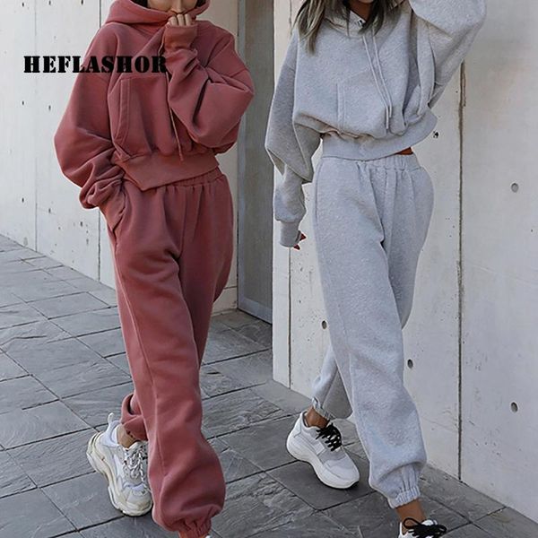 

heflashor fashion tracksuit 2 piece sport suit women casual oversized hoodies sweatshirt loose sweatpants women outfits joggers, Gray