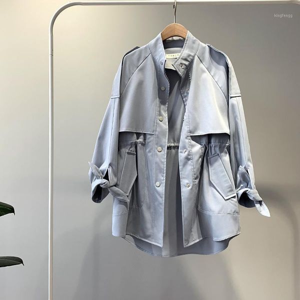 

fashion trench coats female autumn drawstring coats casual loose safari clothes stand collar 2020 women solid short windbreaker1, Tan;black
