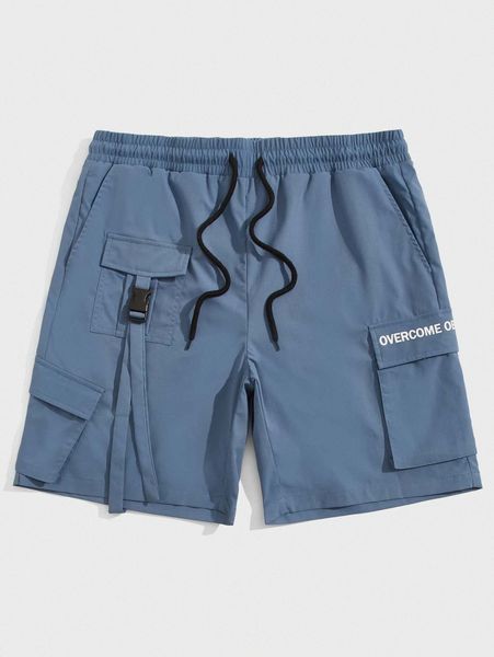 

men letter graphic flap pocket buckled drawstring waist shorts 57d8#, Black