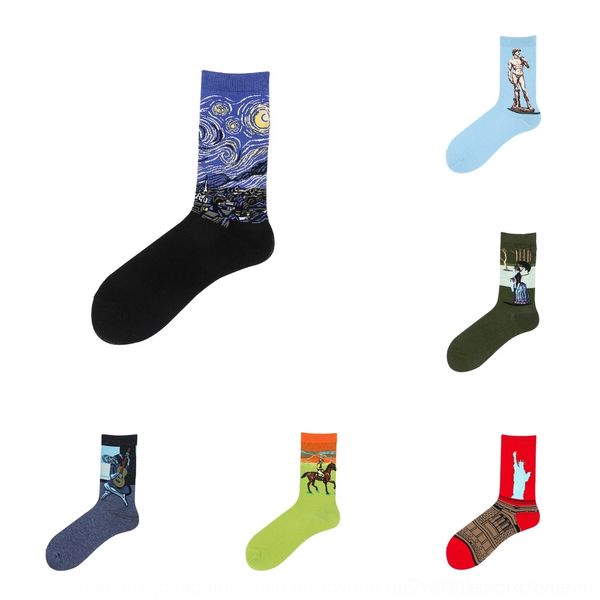 

i2izx tube autumn winter cotton socksstreet men's medium tube socks oil painting stockings medium trend chaopai nalsh socks cotton, Black