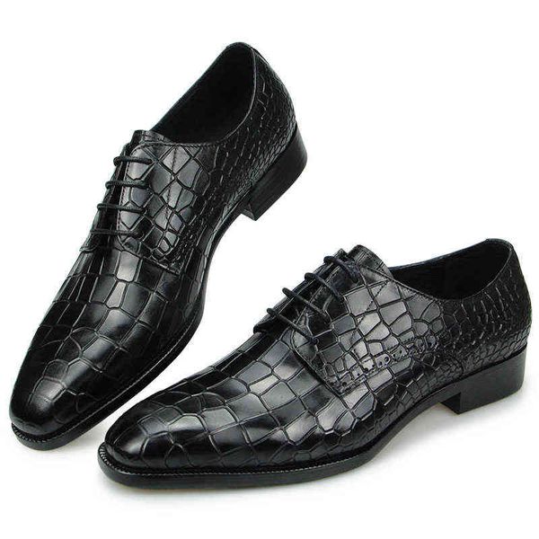 Elbise Ayakkabı Erkek Mens Parti Erkek Moda Timsah Baskı Lüks Zapatos De Hombre Hakiki Deri Oxfords Siyah Lace Up Günlük 220223