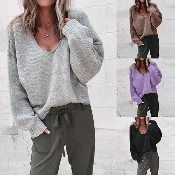 

2021 women streetwear v neck long sleeve pullovers loose solid sweater female autumn winter warm casual solid sweaters, White;black