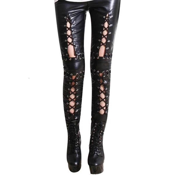 

black pvc leather lace up hollow out nightclub rock steampunk leggings gothic legins women leggins stretch pencil pants