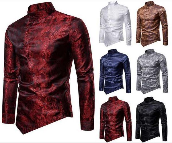 

mandarin collar men's tuxedo shirts long sleeve asymmetrical dress shirt oblique single breasted size s-2xl, White;black