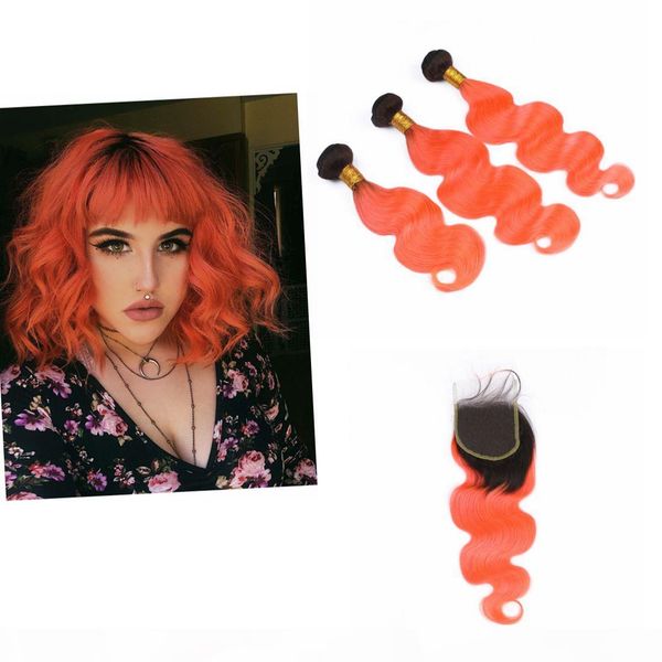 

предложения ombre hair связки с lace closure dark root ombre перуанский волос плетение человеческих волос связки body wave, Black;brown