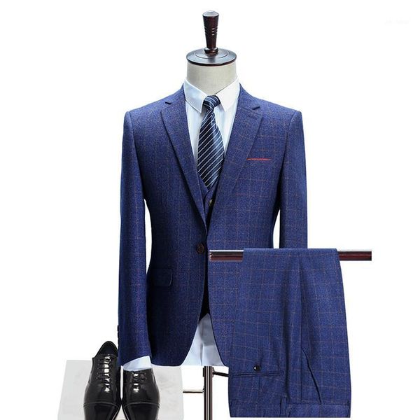 

jacket + pants + vest) men's blue plaid suit men's slim wedding groom dress business casual formal suit 3 piece set1, White;black