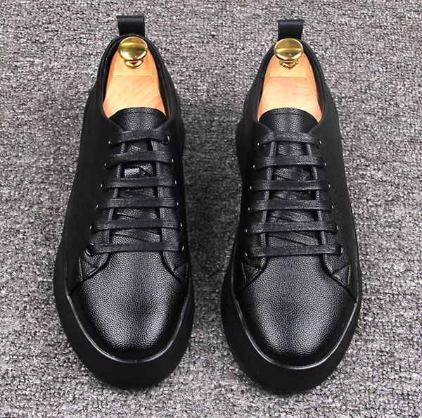 

male bottom thick leather flat lace up casual shoes men round toes spring autumn sneakers men leather dress shoes ing, Black