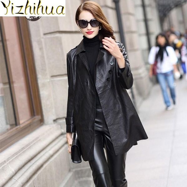 

sheepskin elegant ladies belted genuine leather jacket women slim fit long trench coat office ladies outwear windbreaker jackets, Black