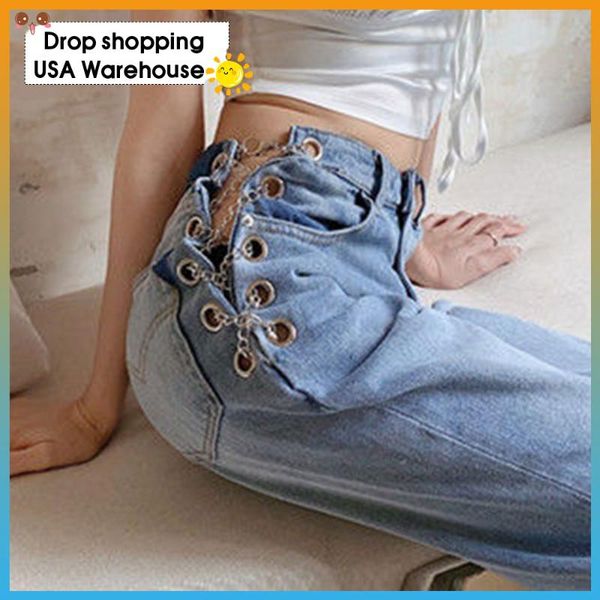 

women's jeans fashion chain women 2021 autumn design elegant high waist non-mainstream straight-leg pants, Blue