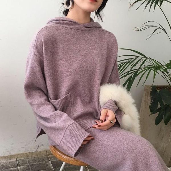 

women's tracksuits korean 2 piece skirts set female hooded pullover long sleeve sweater+a line knitted 2021 autumn winter pull sweater, Gray