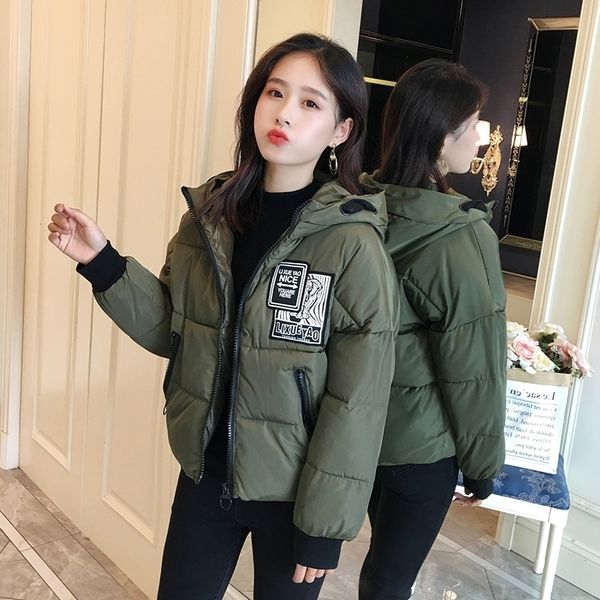 

women's winter jacket printing short style female cold coat loose cotton padded hooded plus size with zipper thick parkas 201029, Black