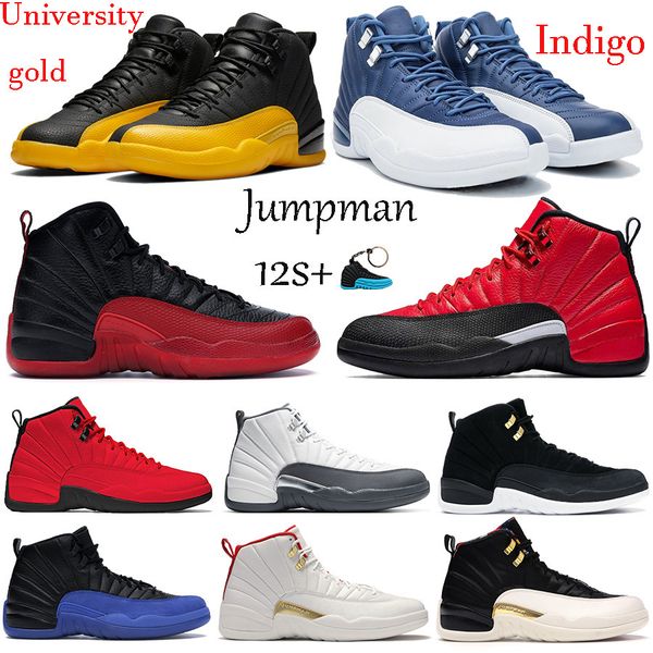 

new university gold jumpman 12s 12 boots shoes indigo flu game iridescent reflective gym red white dark grey cny wings men trainers, Black