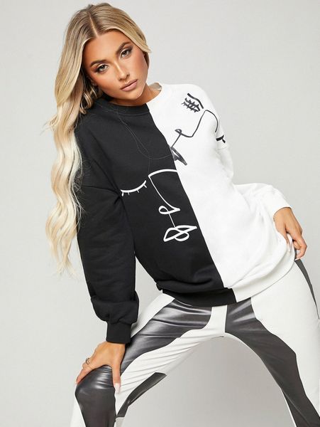 

color block figure graphic sweatshirt dress 40bd#, White;black