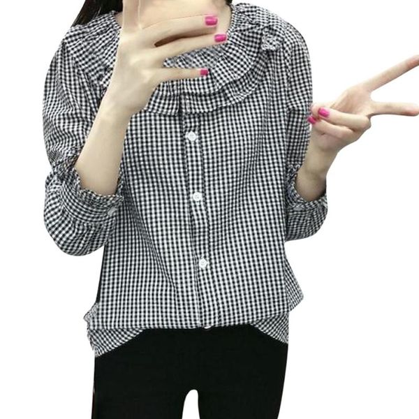 

chamsgend long sleeve woman shirts polyester women's blouse shirt lotus leaf edge lattice printing long sleeve o-neck blouse, White