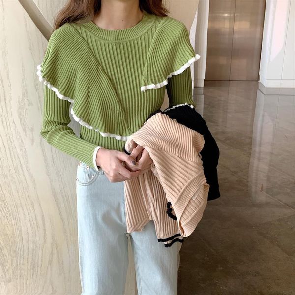 

autumn winter sweater women pullovers fashion womens patchwork ruffles full sleeve sweaters for female drop shipping, White;black