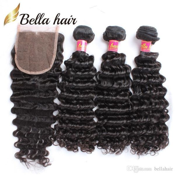 

bella hair 100% unprocessed virgin peruvian hair bundles with lace closure 3pcs deep wave wavy 4x4 lace closure part with baby hair, Black
