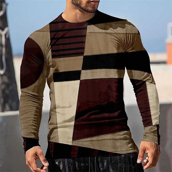 

men's t shirt 3d print graphic lattice plus size crew neck casual daily print long sleeve basic designer slim fit big and tall brown e, White;black