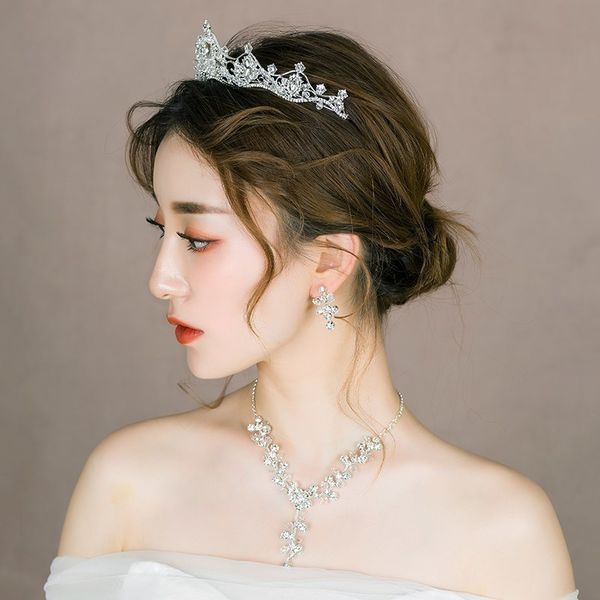 

lfairy crown bridal atmosphere headdress necklace super earrings three piece dress princess wedding accessories girl m, Silver