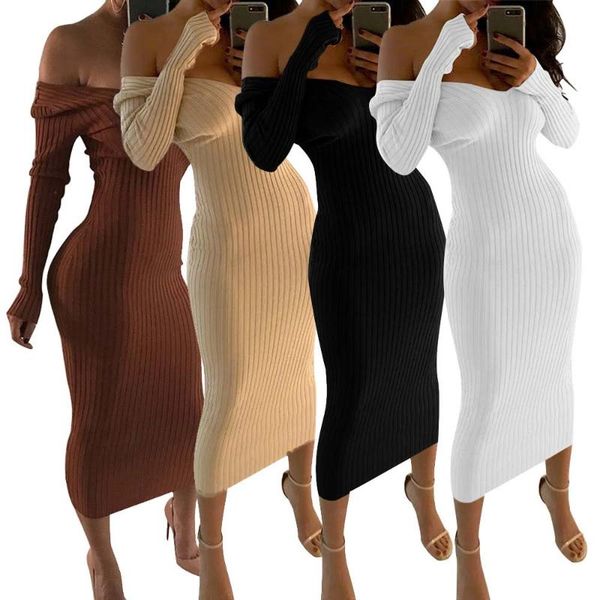 

dresses women autumn knitted sweater bodycon stretchy femme robe long sleeve off shoulder black white midi dress vestidos, Black;gray