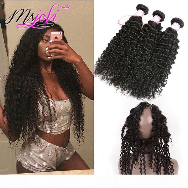 

peruvian raw virgin hari extensions with 360 lace frontal pre plucked deep wave curly 4 bundles with 360 lace frontal human hair, Black;brown