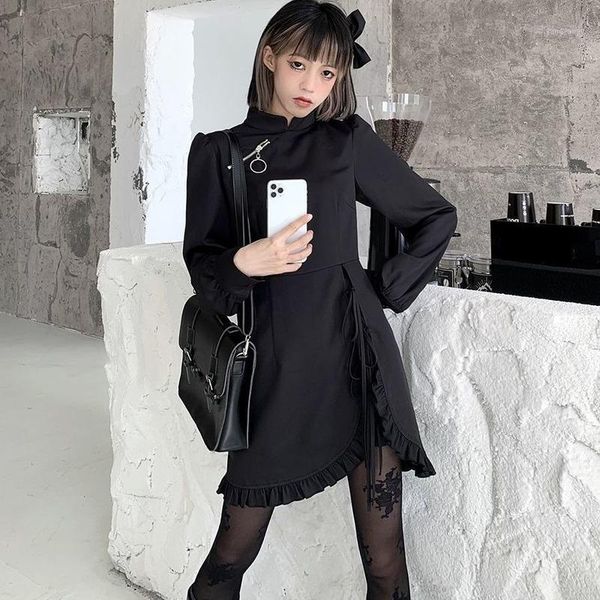 

qweek women goth dress gothic harajuku punk bandage black mini dress long sleeve ruffles party dresses for new year 2021 cosplay1, Black;gray
