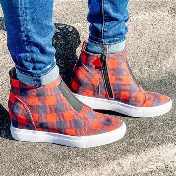 

women ankle boots plaid canvas women shoes casual non-slip flat ankle boots comfort plus size increase 2020, Black