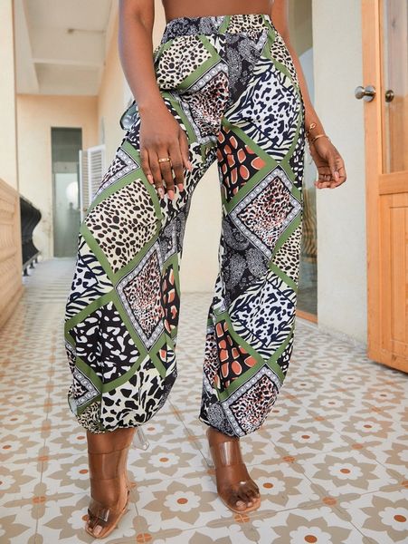 

sxy high waist patchwork print split side pants w0vf#, Black;white