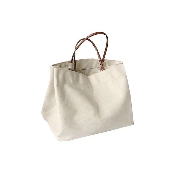 

eco fashion large capacity reusable tote bag casual folding girls canvas shopping bag with pu leather handle