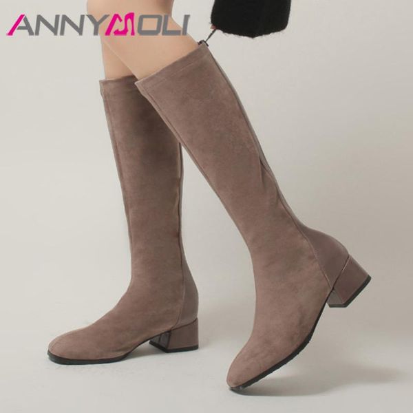

annymoli площади toe женщины boots med пятки колено высокие сапоги блочные обувает zip женский long autumn winter black plus размер 43