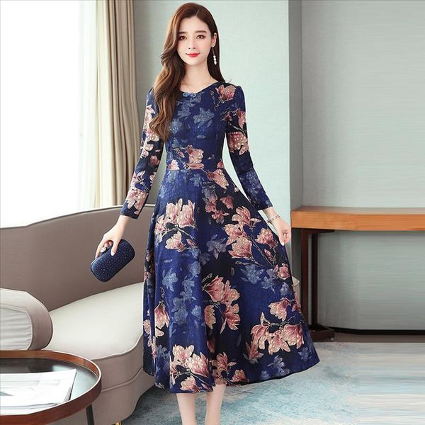 

feamle vintage long sleeve dress spring feamle o-neck maxi plus size dress casual loose elegent floral dress ropa mujer #a, Black;gray