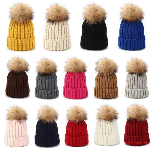 

beanie/skull caps 2pcs parent-child knitted beanie hat set mother baby winter pom skull cap, Blue;gray