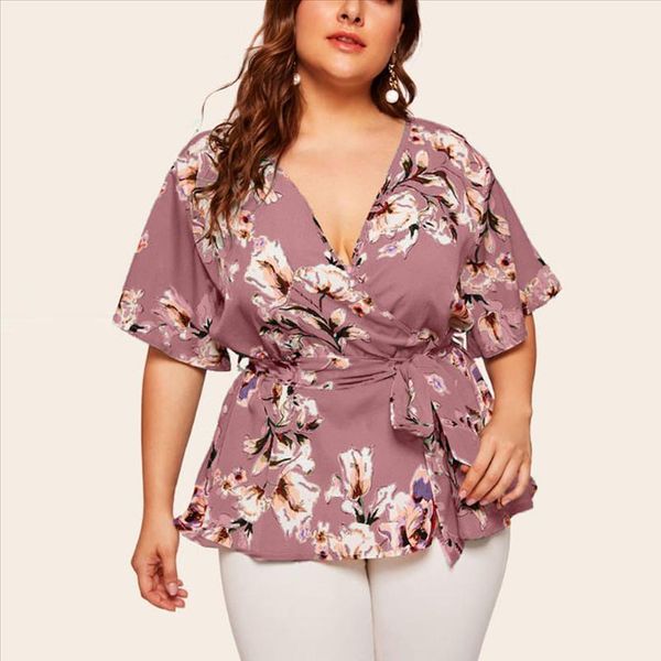 

20 summer womens plus size v neck floral print flare sleeve belted surplice peplum and blusas feminina, White