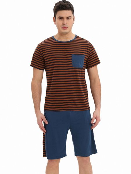 

men striped contrast pocket sleep tee & side stripe sleep shorts i7kf#, Black;brown