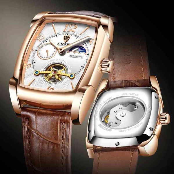 

2022 men automatic mechanical watch luxury tourbillon square leather sport luminous moon phase waterproof es, Slivery;brown