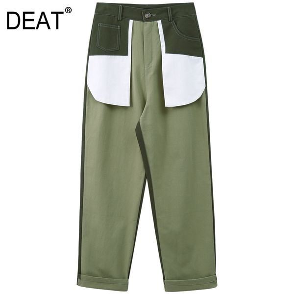 

[deat] high elastic waist spliced pocket hit color trousers new loose fit pants women fashion tide spring summer 2020 lj201029, Black;white