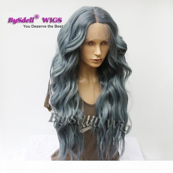 

synthetic dark smoke ash blue color hair none lace wig lace front wig long body wave peluca wigs for black white women
