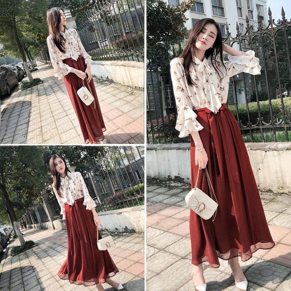 

spring clothing 2020 fashion new ruffle floral shirt and high waist pleated skirt two piece set women elegant blouse outfit r451, White