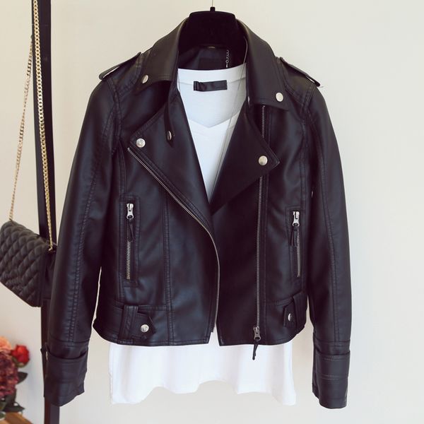 

2021 new female spring plutonium black leather jacket basic outwear ajxf