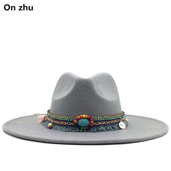 

new ethnic style 9.5cm wide big brim wool jazz hat autumn winter felt fedora elegant hat for women vintage men panama cap, Blue;gray