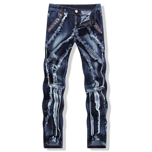 

new men's fashion patchwork spliced ripped jeans male personality leather rivet slim straight denim pants1, Blue