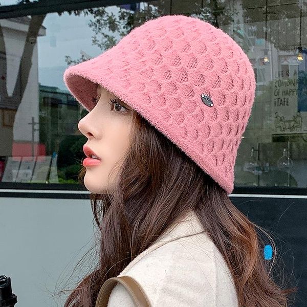 

woman winter plush knitted fisherman hat panama solid woolen bucket cap girl outdoor casual warm short brim fishing sun hat, Blue;gray