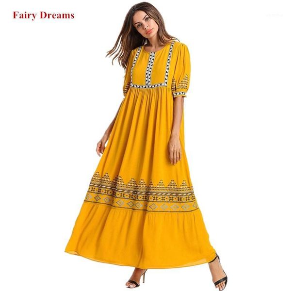 

summer abayas for women embroidery muslim dress kaftan turkish arab dubai islamic plus size clothing long dresses yellow robe1, Red