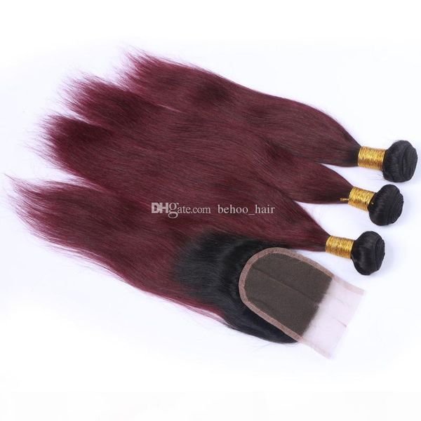 

1bt99j burgundy malaysian straight virgin hair with closure amazing ombre straight human hair weave 3 bundles with lace closures, Black;brown